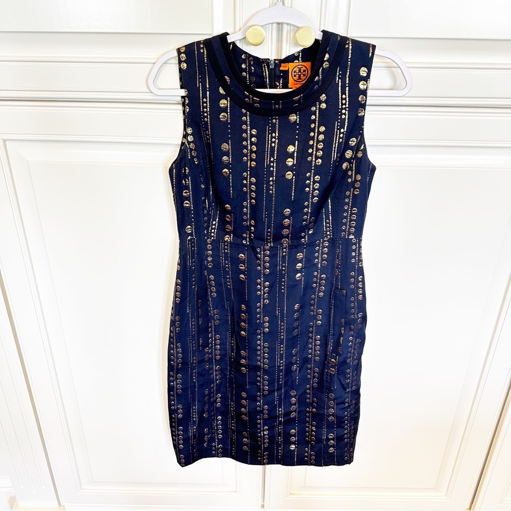 Tory Burch Women’s Navy Gold Metallic Silk Shift Dress Knee Length Cocktail SZ 8